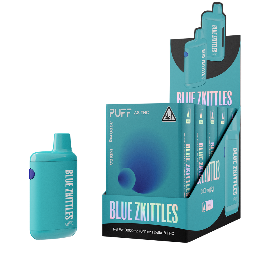 Puff Bar Delta 8 THC Blue Zkittles Disposable Device with Store Packaging