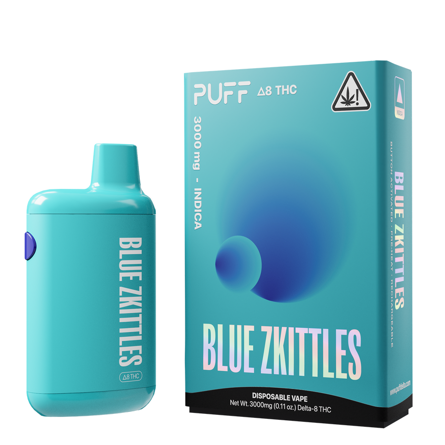 Puff Bar Delta 8 THC Blue Zkittles Disposable Device with Packaging