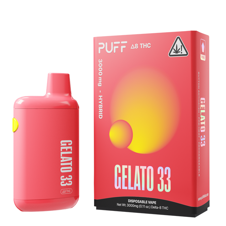 Puff Bar Delta 8 THC Gelato 33 Disposable Device with Packaging